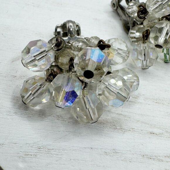Vintage MCM Aurora Borealis AB Faceted Crytal Cluster Cha Cha Clip On Earrings - Picture 6 of 14